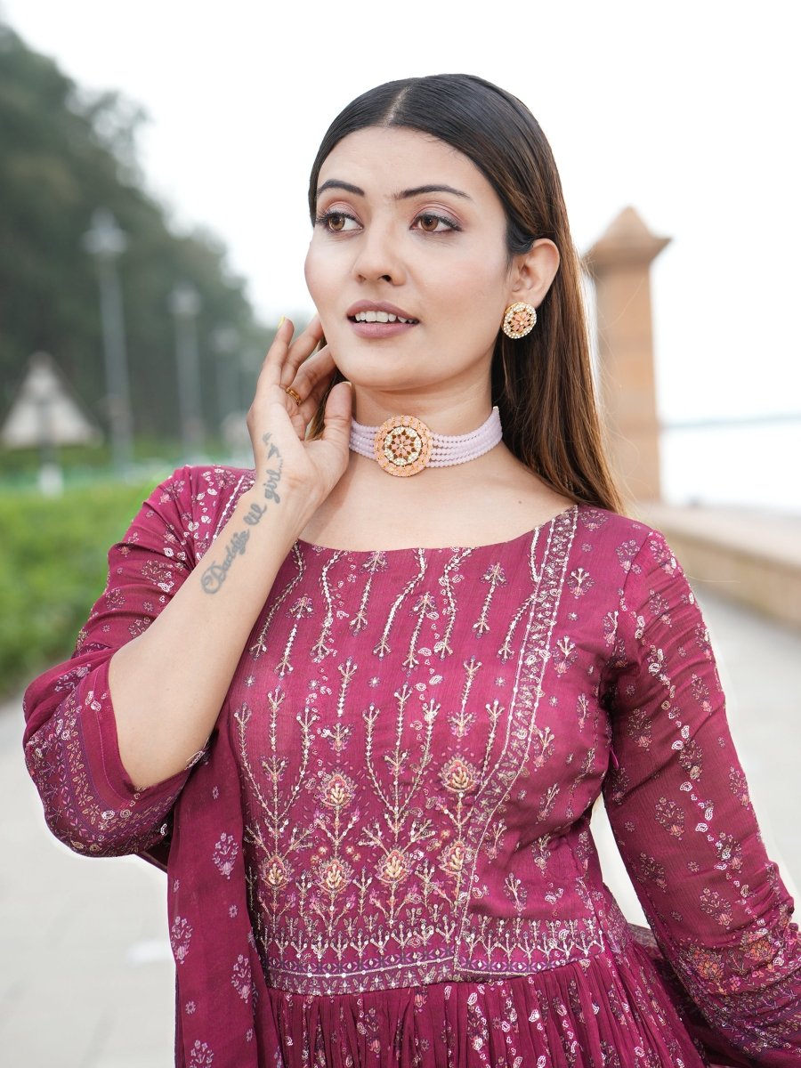 Maroon Embroidered Chinon Anarkali Gown with Dupatta - CLOHI