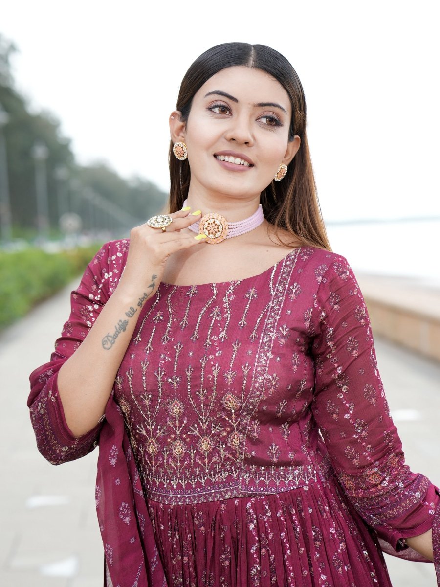 Maroon Embroidered Chinon Anarkali Gown with Dupatta - CLOHI