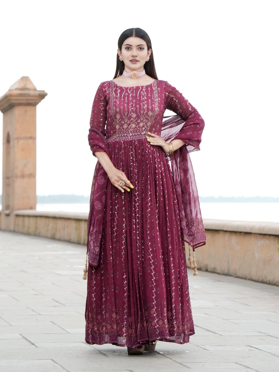 Maroon Embroidered Chinon Anarkali Gown with Dupatta - CLOHI
