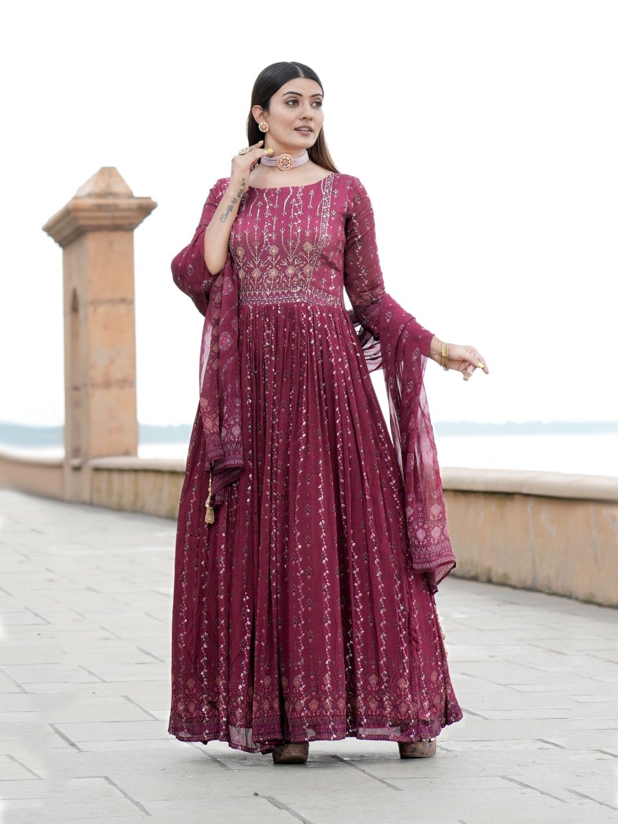 Maroon Embroidered Chinon Anarkali Gown with Dupatta - CLOHI