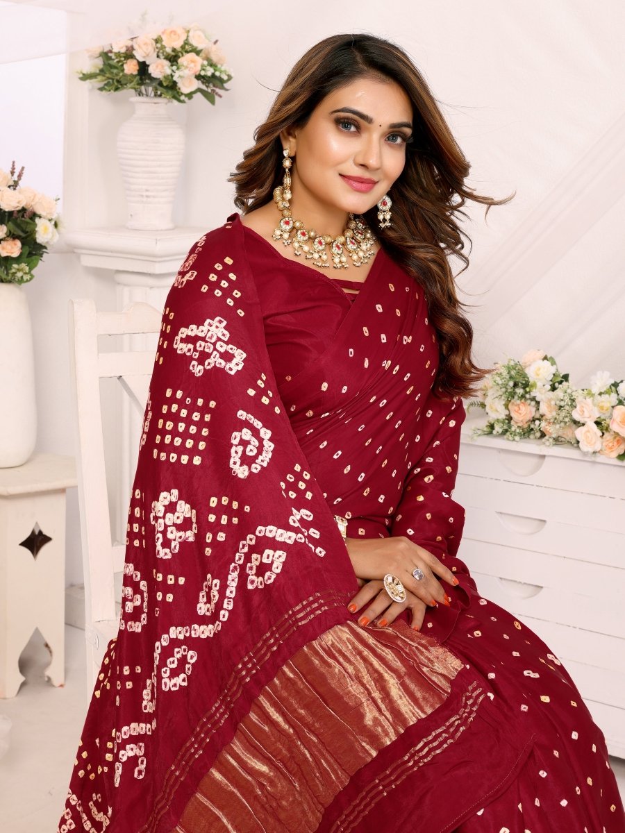 Maroon Jacquard Zari Bandhani Saree with Lagdi Patta Border - CLOHI
