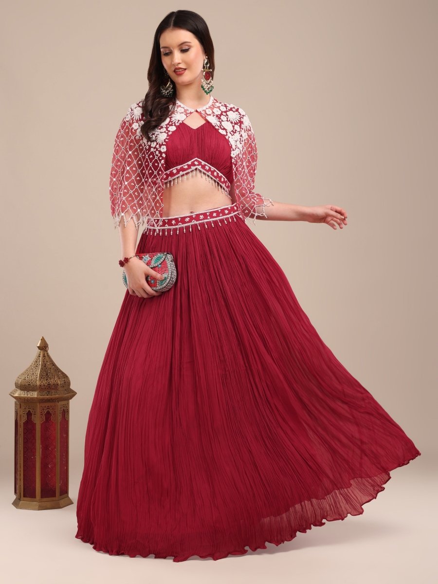 Maroon Pleated Lehenga Set with Embroidered Cape & Ruched Blouse - CLOHI