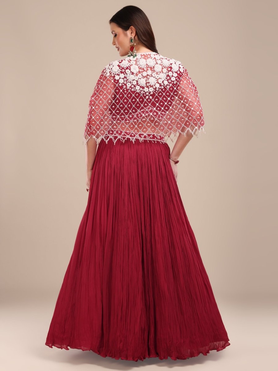 Maroon Pleated Lehenga Set with Embroidered Cape & Ruched Blouse - CLOHI