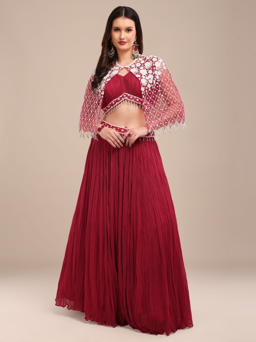Maroon Pleated Lehenga Set with Embroidered Cape & Ruched Blouse - CLOHI