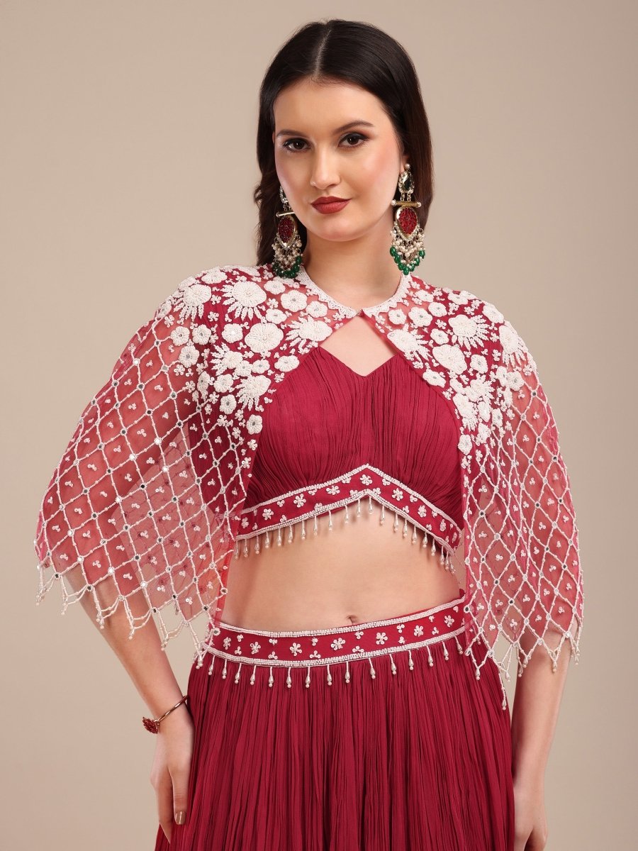 Maroon Pleated Lehenga Set with Embroidered Cape & Ruched Blouse - CLOHI