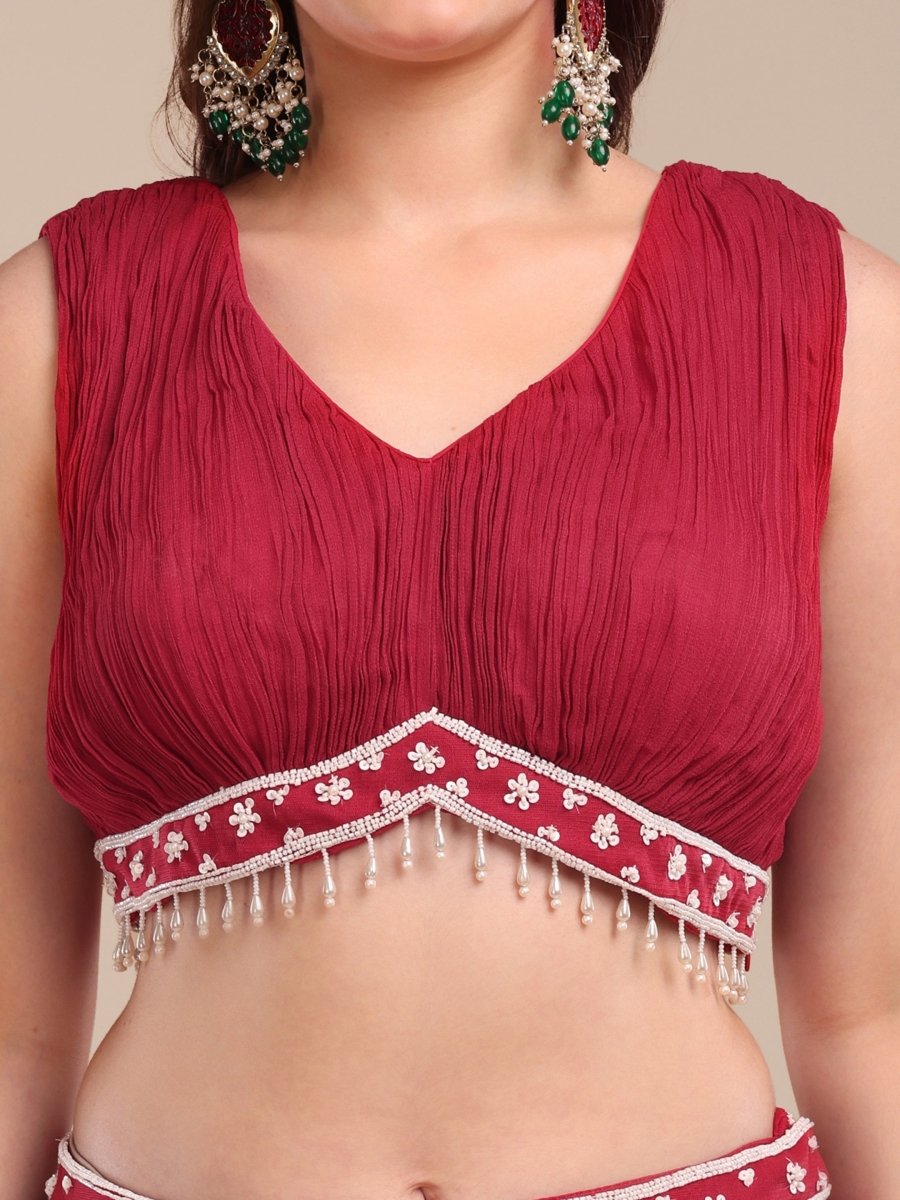 Maroon Pleated Lehenga Set with Embroidered Cape & Ruched Blouse - CLOHI
