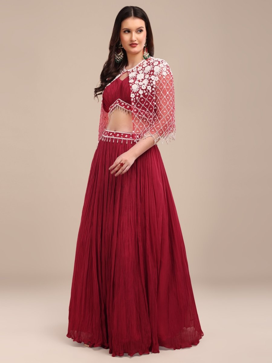 Maroon Pleated Lehenga Set with Embroidered Cape & Ruched Blouse - CLOHI