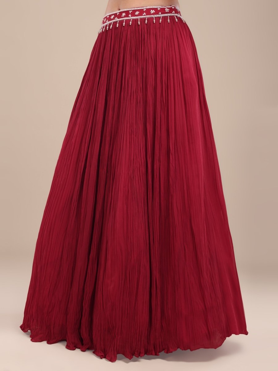 Maroon Pleated Lehenga Set with Embroidered Cape & Ruched Blouse - CLOHI