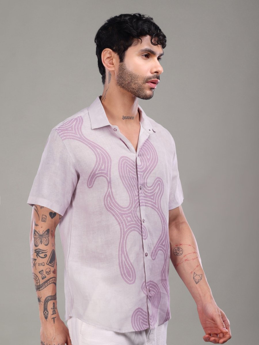 Mauve Abstract Print Pure Linen Shirt – Artistic Minimalism - CLOHI