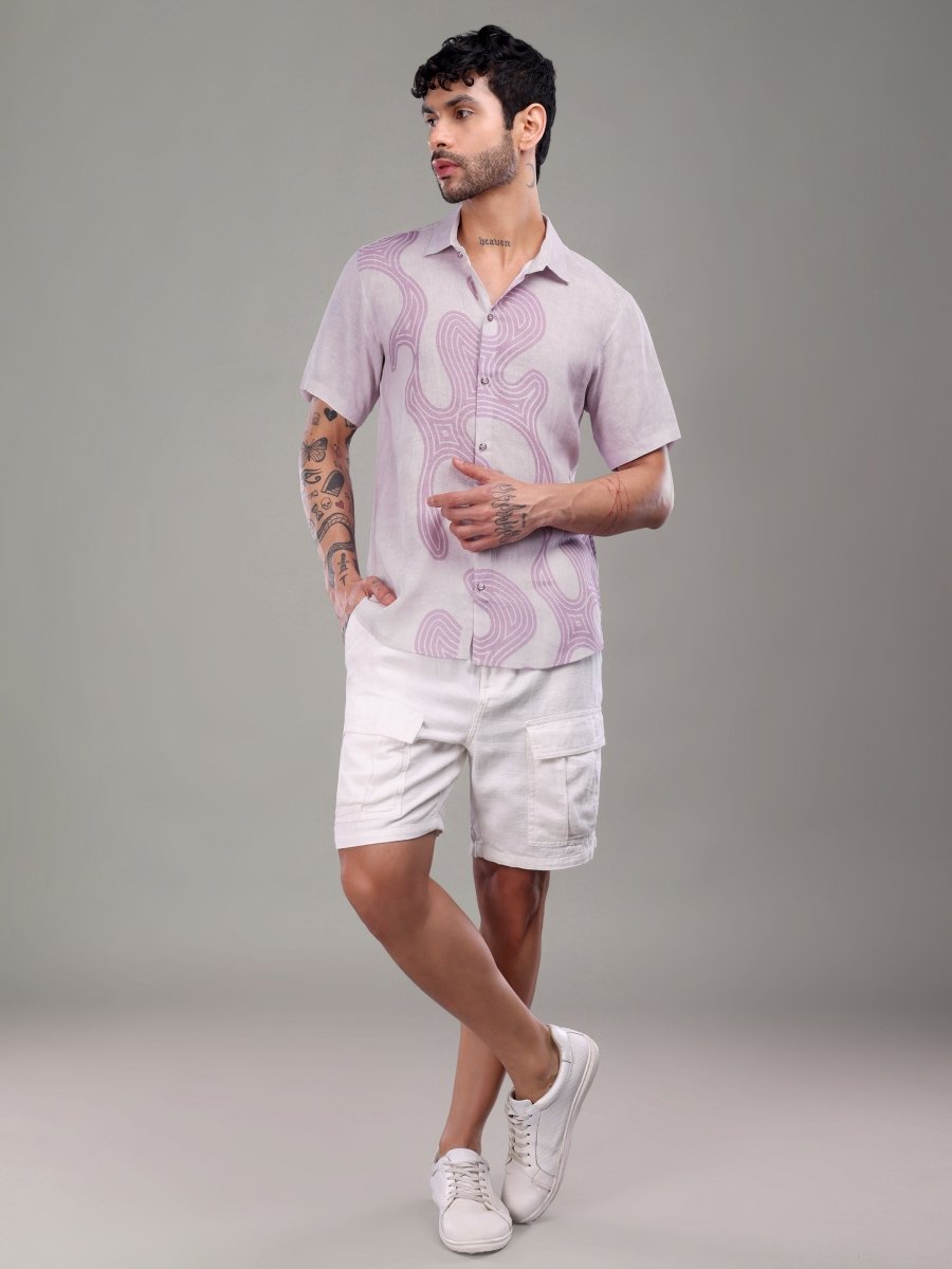 Mauve Abstract Print Pure Linen Shirt – Artistic Minimalism - CLOHI
