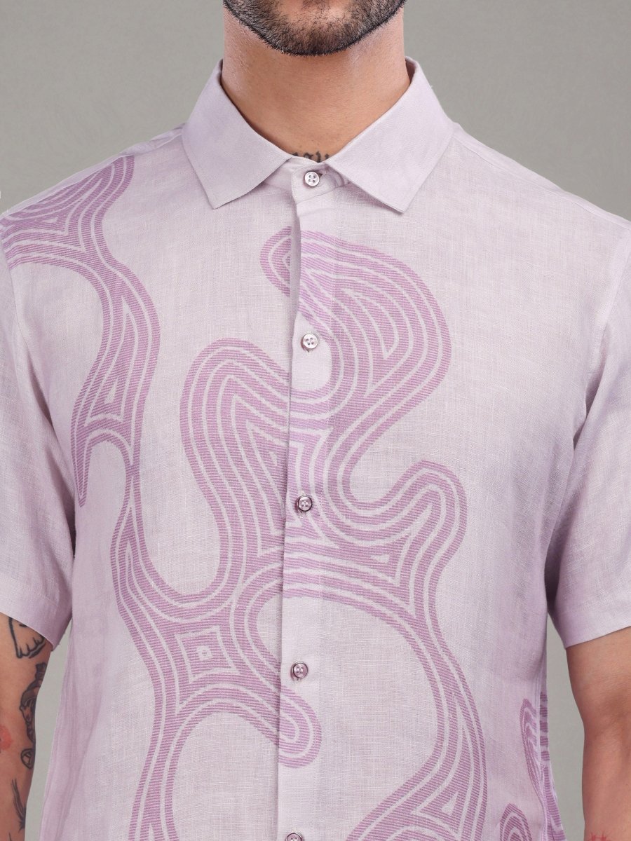 Mauve Abstract Print Pure Linen Shirt – Artistic Minimalism - CLOHI