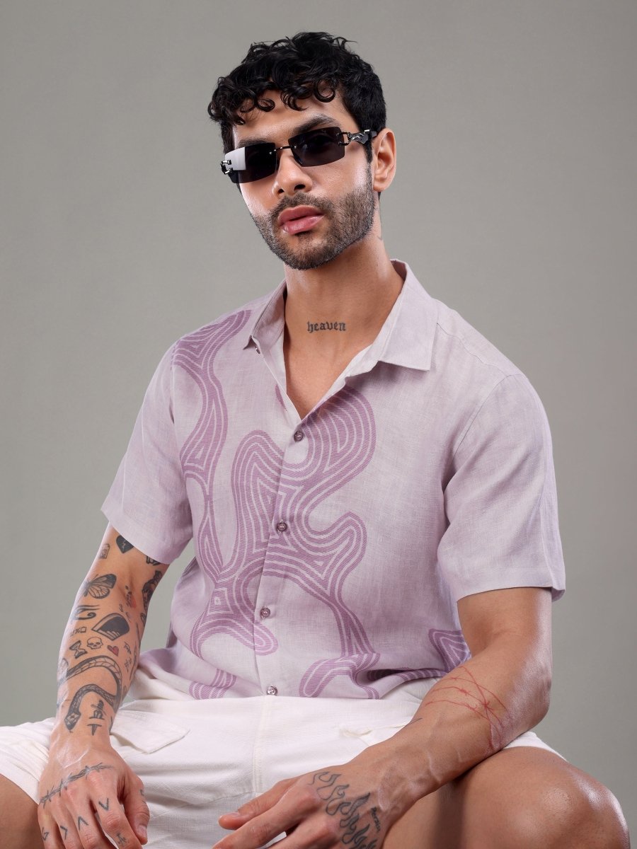 Mauve Abstract Print Pure Linen Shirt – Artistic Minimalism - CLOHI