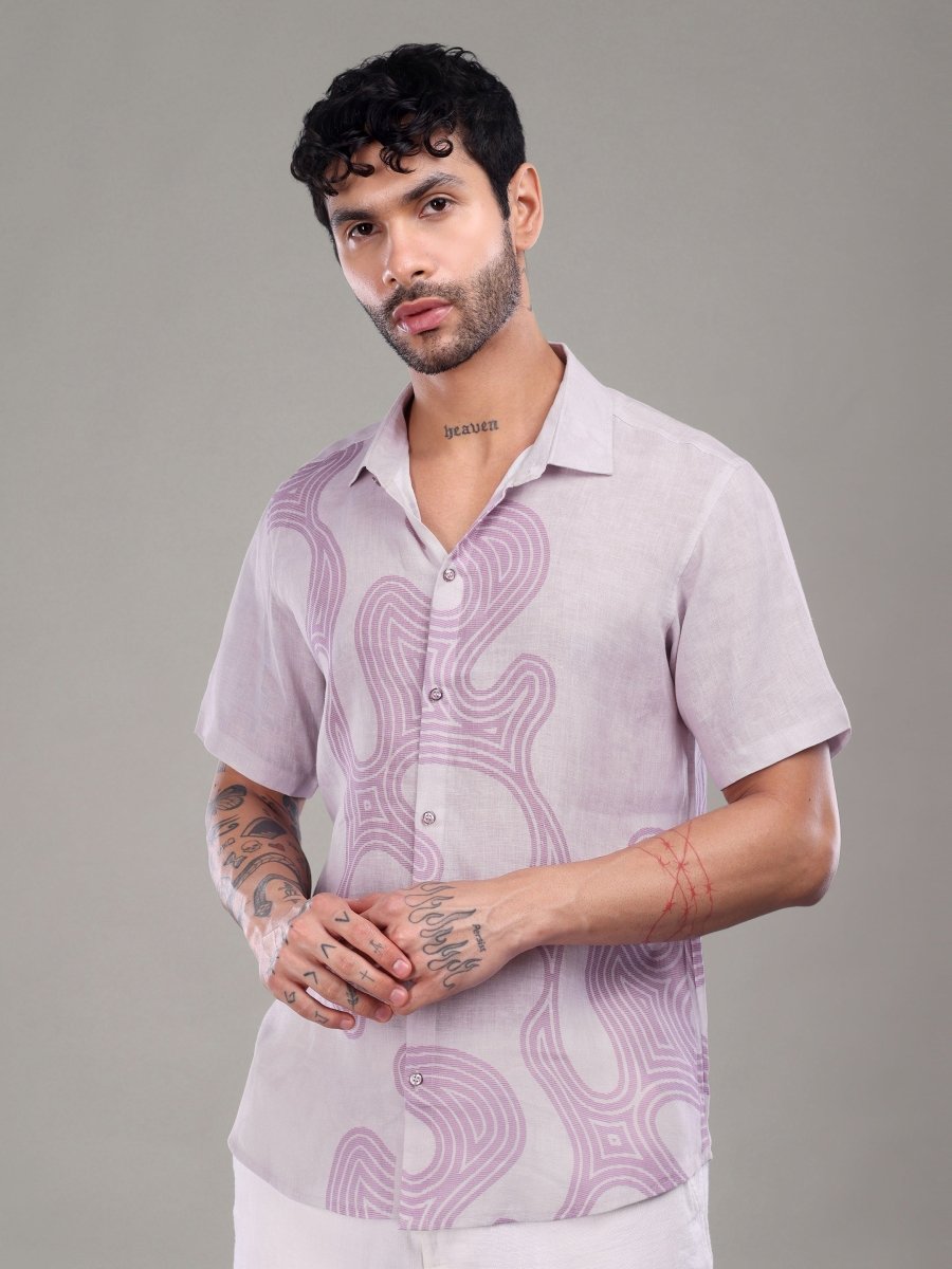 Mauve Abstract Print Pure Linen Shirt – Artistic Minimalism - CLOHI