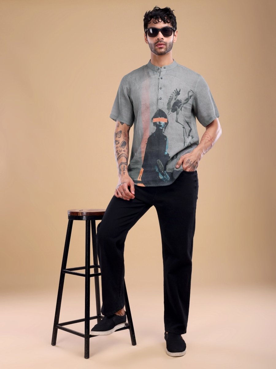 Men's Pure Linen Artistic Print Shirt in Dusty Taupe - CLOHI