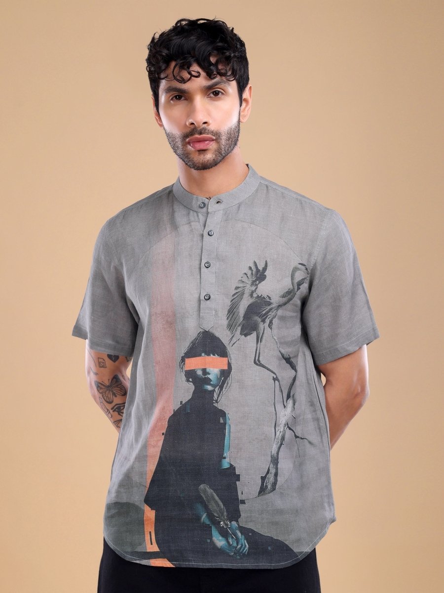 Men's Pure Linen Artistic Print Shirt in Dusty Taupe - CLOHI
