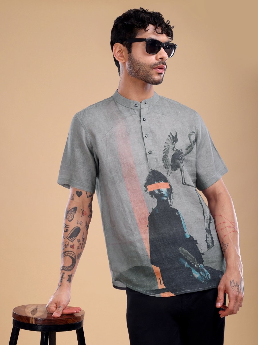 Men's Pure Linen Artistic Print Shirt in Dusty Taupe - CLOHI