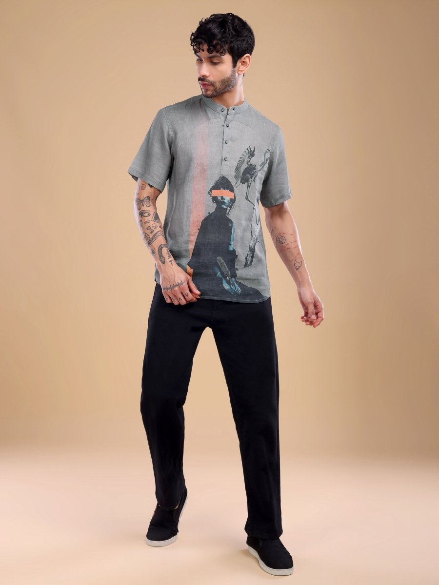 Men's Pure Linen Artistic Print Shirt in Dusty Taupe - CLOHI