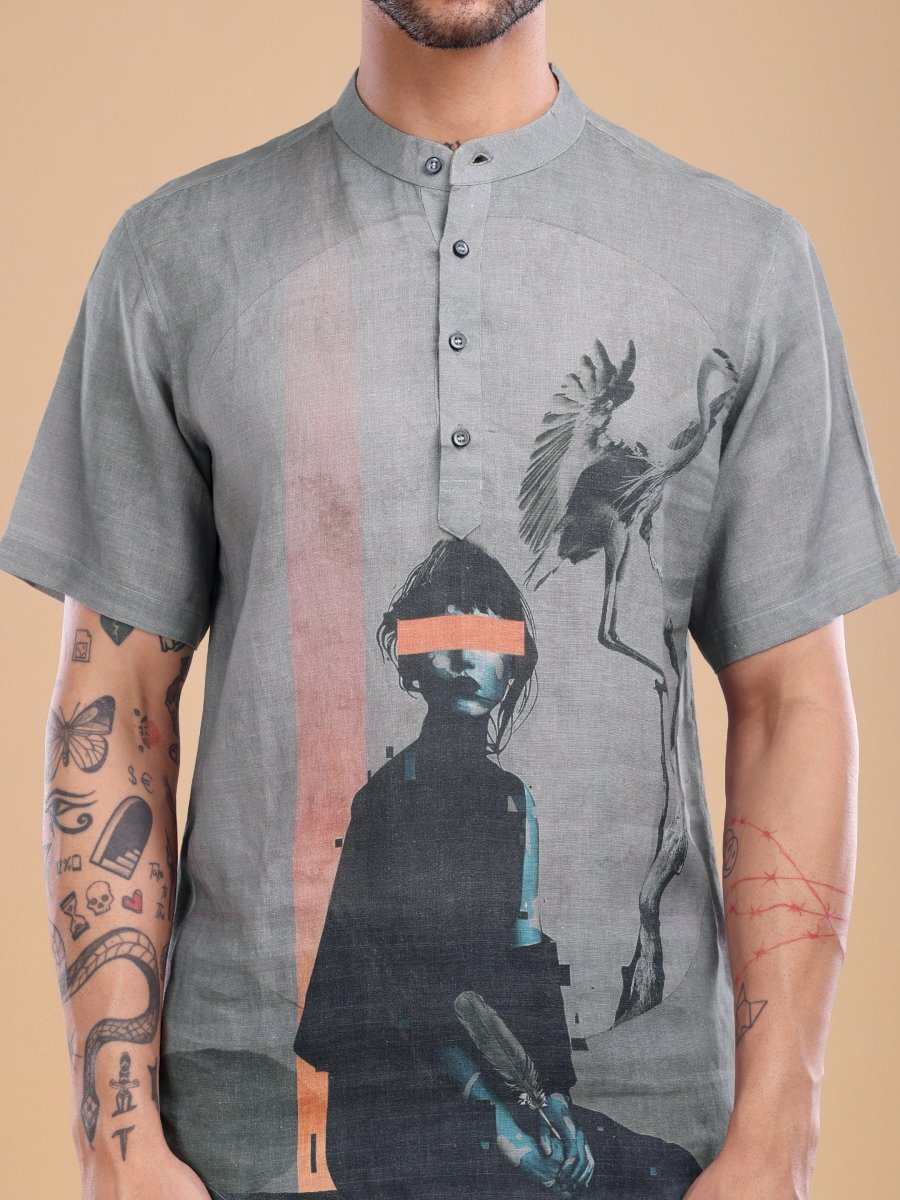 Men's Pure Linen Artistic Print Shirt in Dusty Taupe - CLOHI