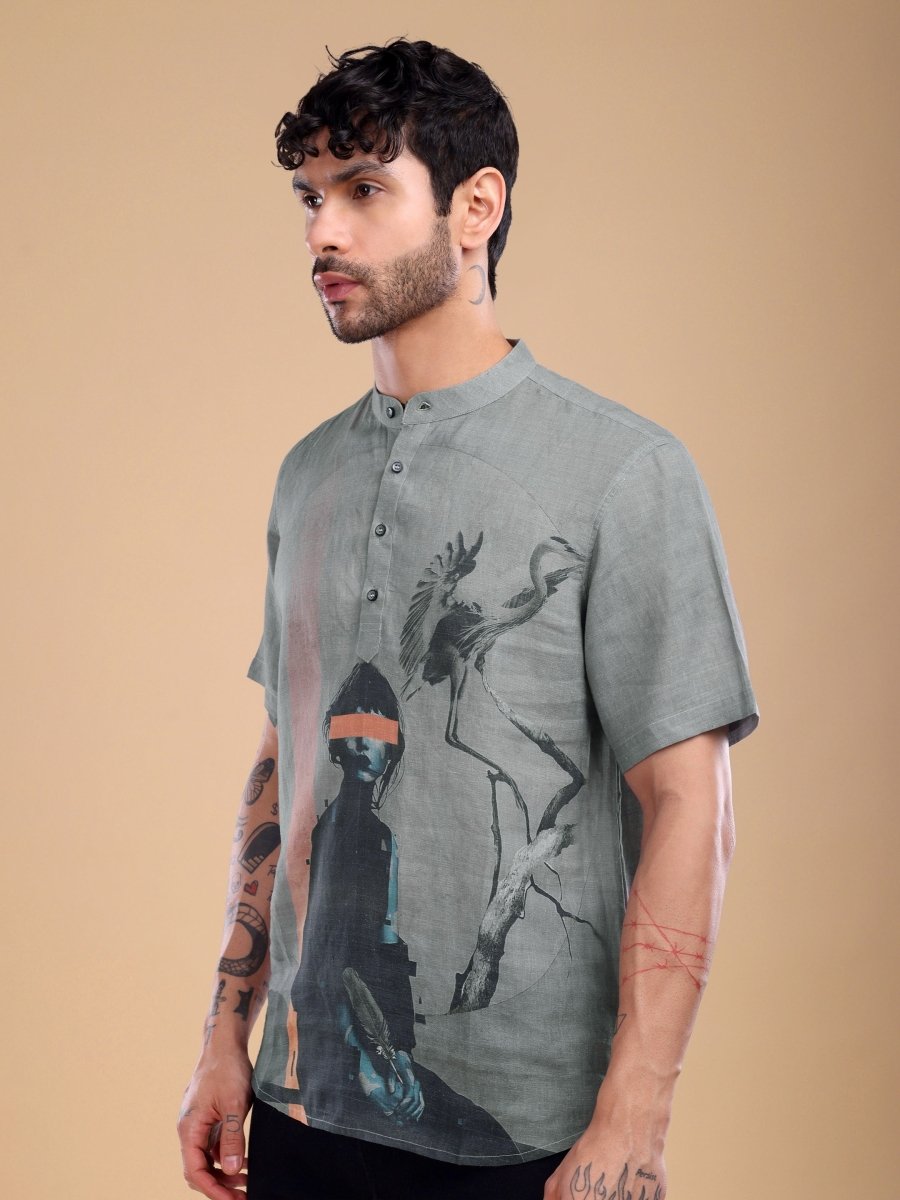 Men's Pure Linen Artistic Print Shirt in Dusty Taupe - CLOHI