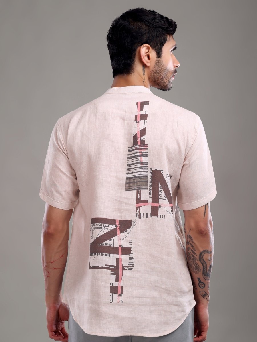Men's Pure Linen Beige Shirt with Abstract Graphic Art - CLOHI