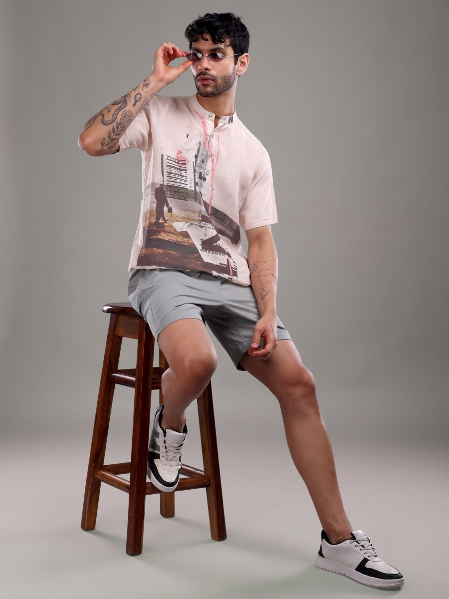 Men's Pure Linen Beige Shirt with Abstract Graphic Art - CLOHI