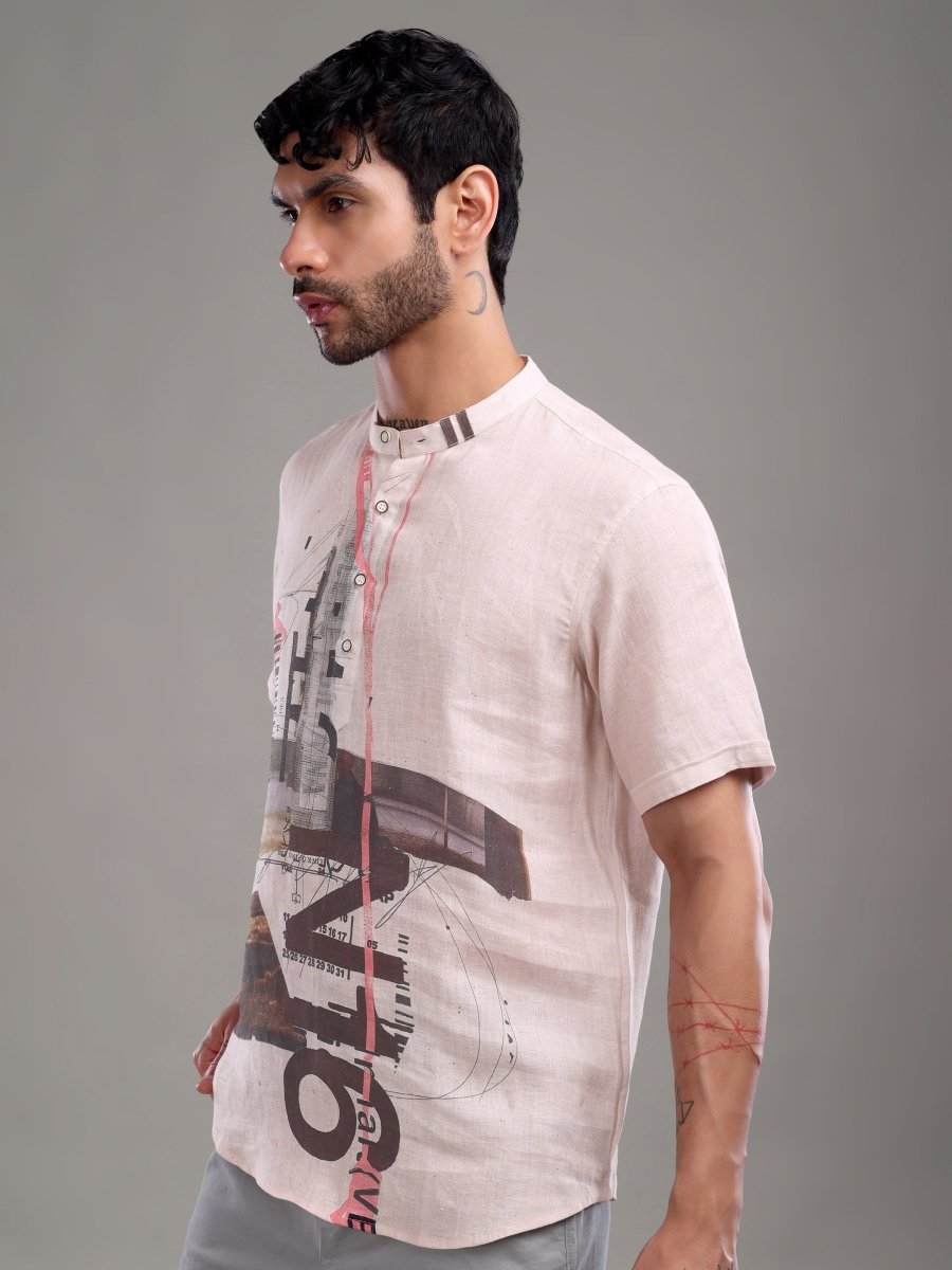 Men's Pure Linen Beige Shirt with Abstract Graphic Art - CLOHI