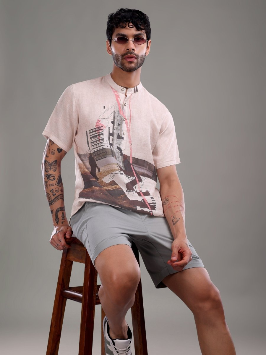 Men's Pure Linen Beige Shirt with Abstract Graphic Art - CLOHI