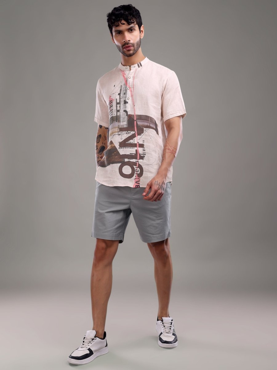 Men's Pure Linen Beige Shirt with Abstract Graphic Art - CLOHI