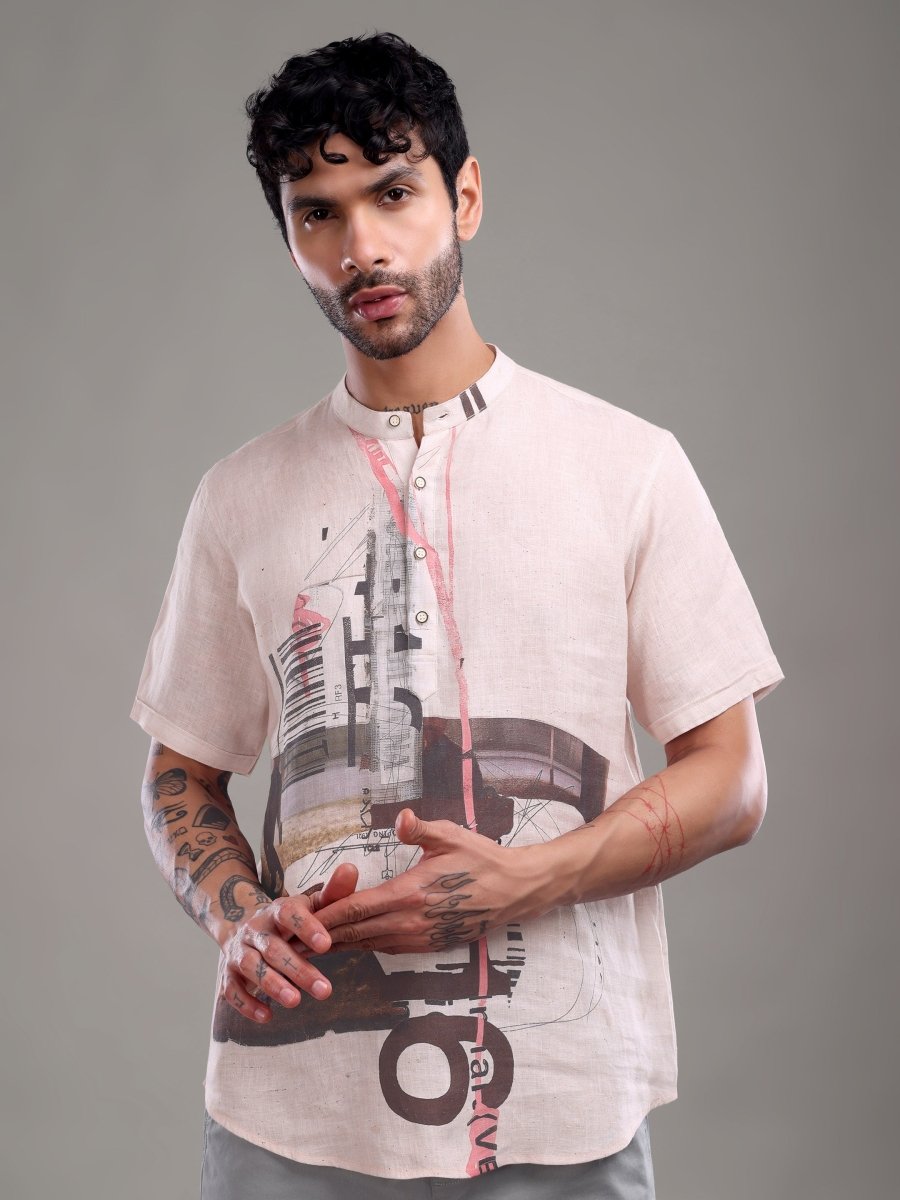 Men's Pure Linen Beige Shirt with Abstract Graphic Art - CLOHI