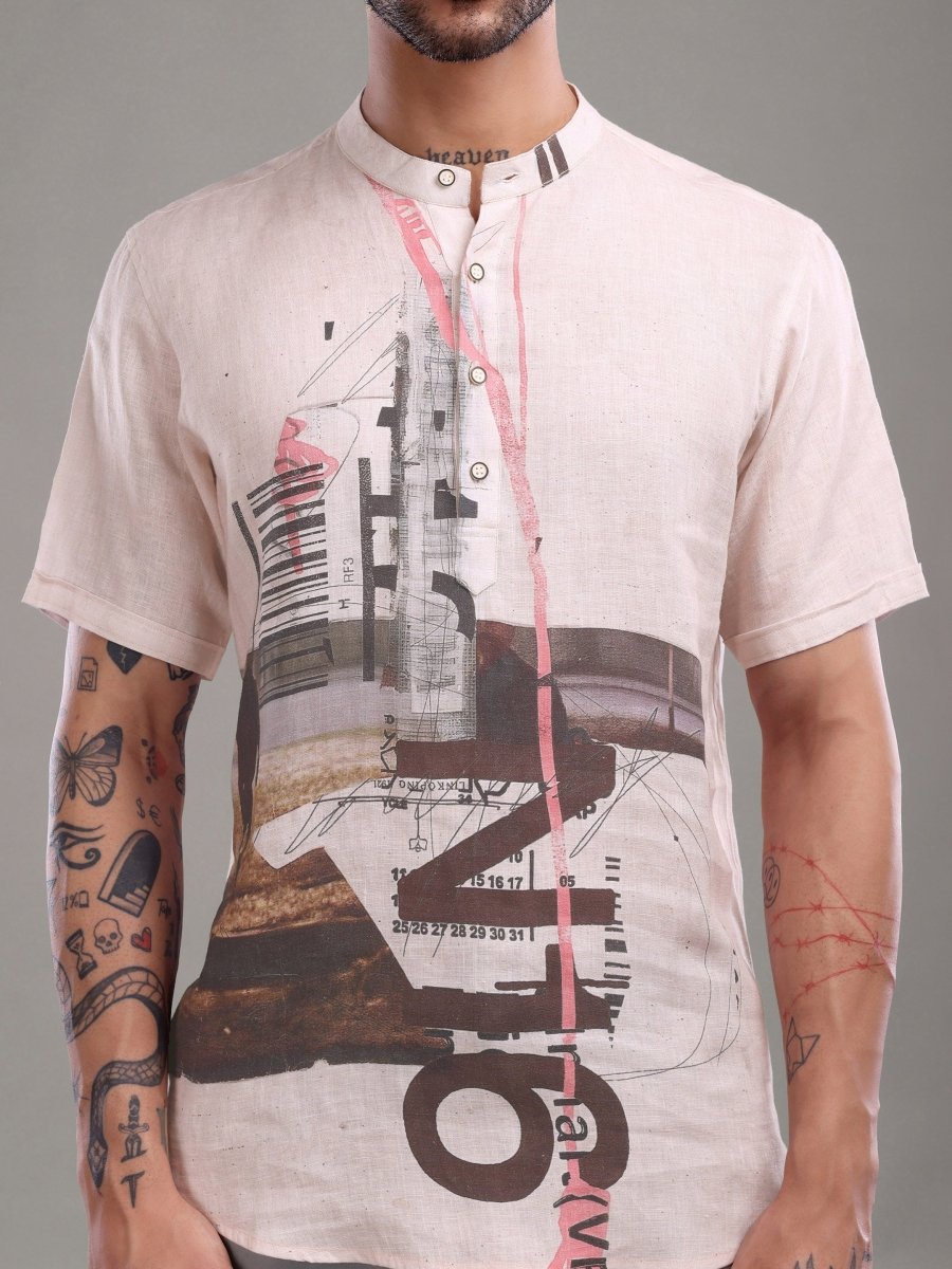 Men's Pure Linen Beige Shirt with Abstract Graphic Art - CLOHI