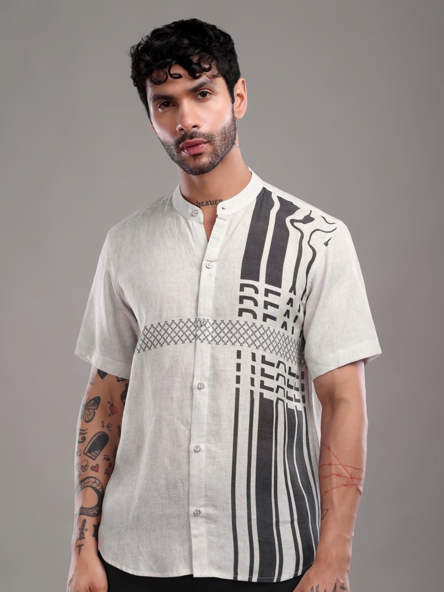 Men's Pure Linen Off - White Shirt with Brownish - Black Abstract Print - CLOHI