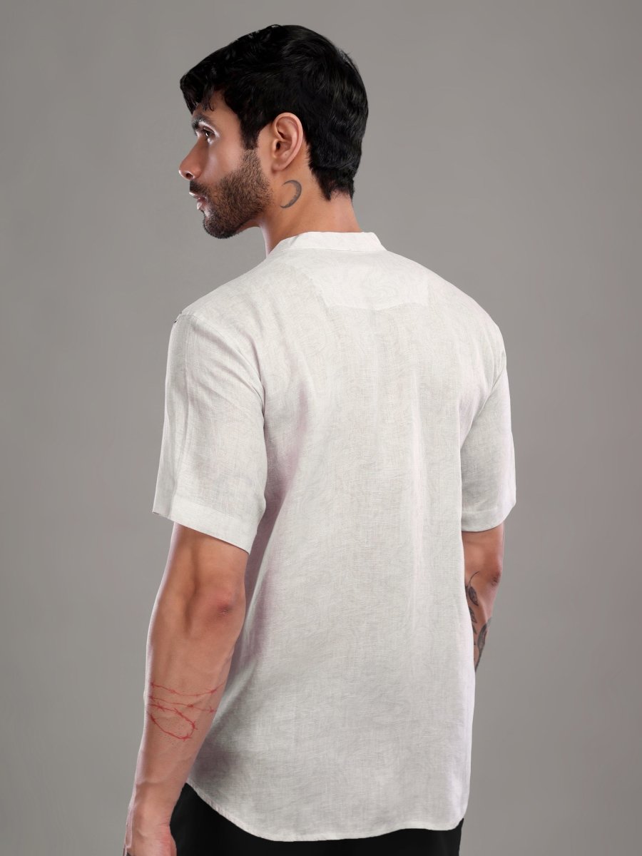 Men's Pure Linen Off - White Shirt with Brownish - Black Abstract Print - CLOHI