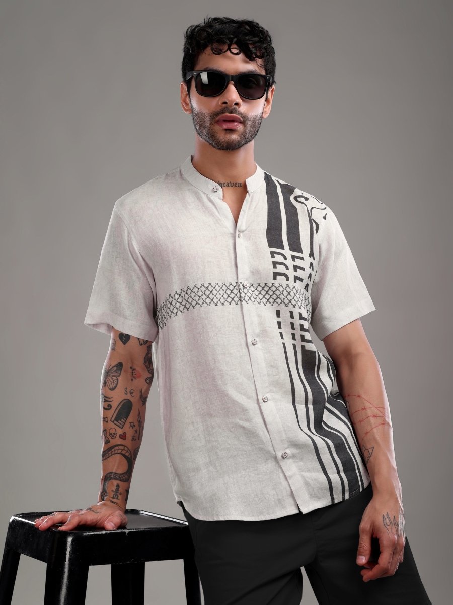Men's Pure Linen Off - White Shirt with Brownish - Black Abstract Print - CLOHI