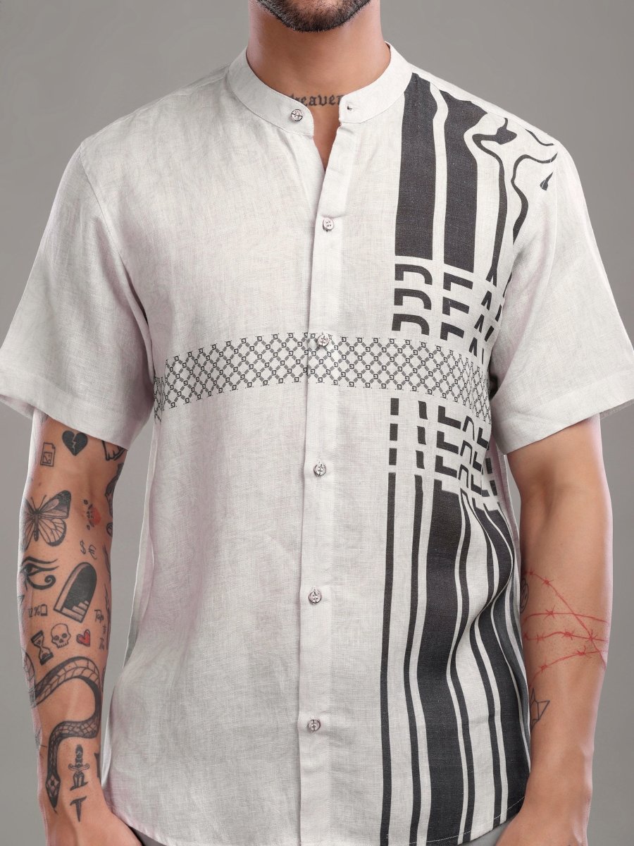 Men's Pure Linen Off - White Shirt with Brownish - Black Abstract Print - CLOHI