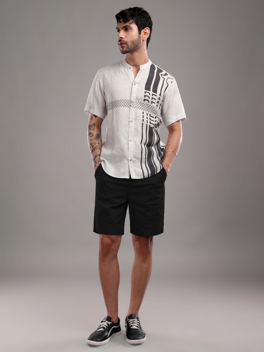 Men's Pure Linen Off - White Shirt with Brownish - Black Abstract Print - CLOHI