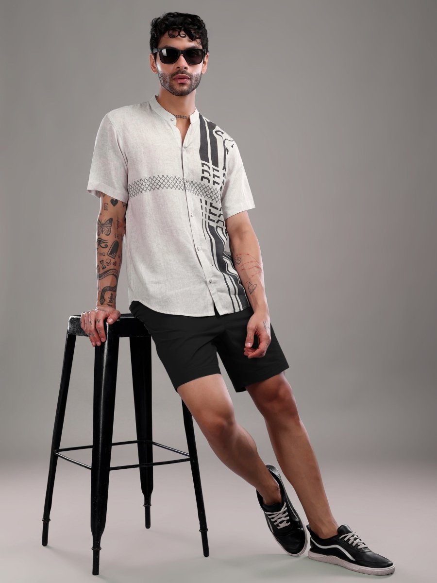 Men's Pure Linen Off - White Shirt with Brownish - Black Abstract Print - CLOHI