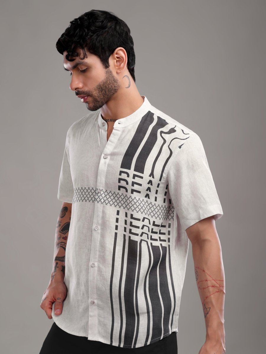 Men's Pure Linen Off - White Shirt with Brownish - Black Abstract Print - CLOHI