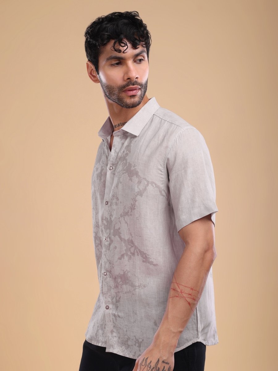 Men's Pure Linen Shirt in Dusty Rose Brown – Artistic Abstract Print - CLOHI