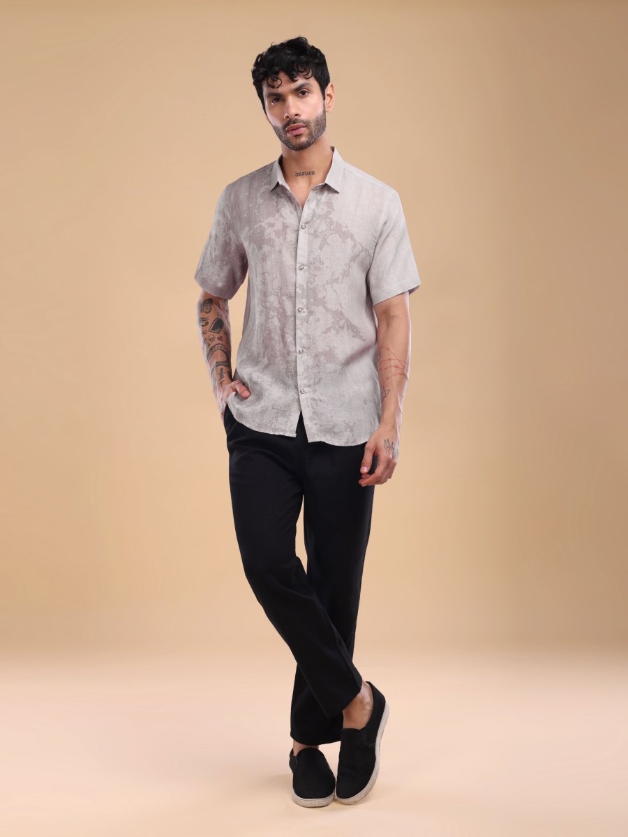 Men's Pure Linen Shirt in Dusty Rose Brown – Artistic Abstract Print - CLOHI