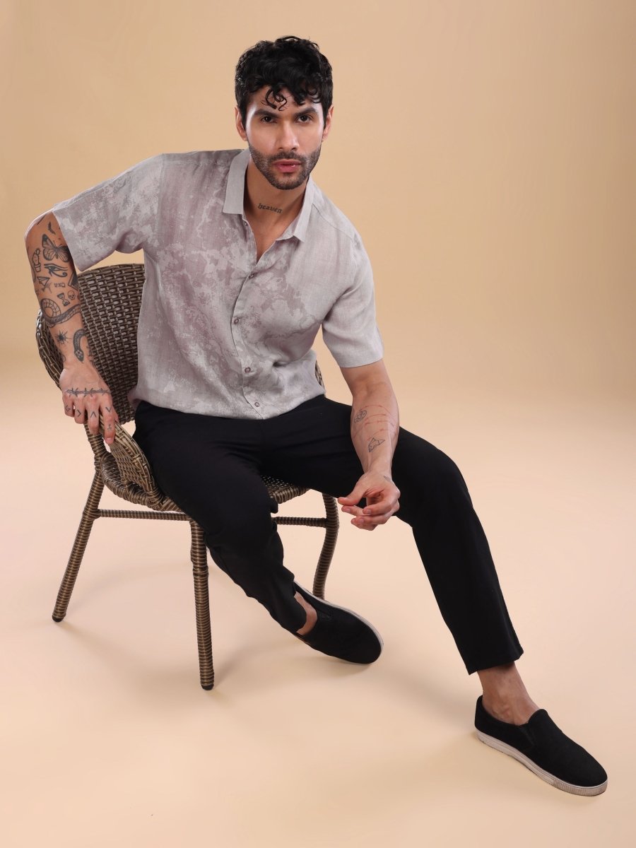 Men's Pure Linen Shirt in Dusty Rose Brown – Artistic Abstract Print - CLOHI