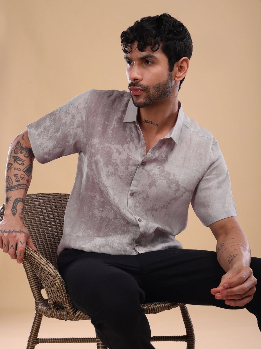 Men's Pure Linen Shirt in Dusty Rose Brown – Artistic Abstract Print - CLOHI