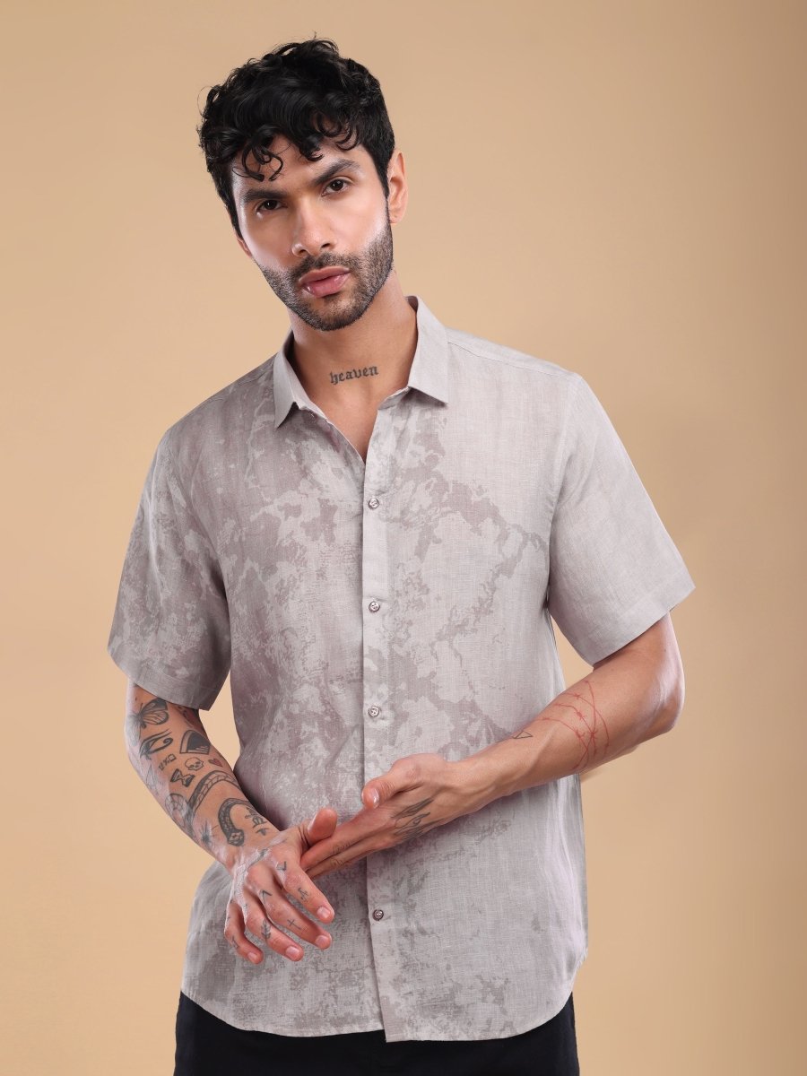Men's Pure Linen Shirt in Dusty Rose Brown – Artistic Abstract Print - CLOHI