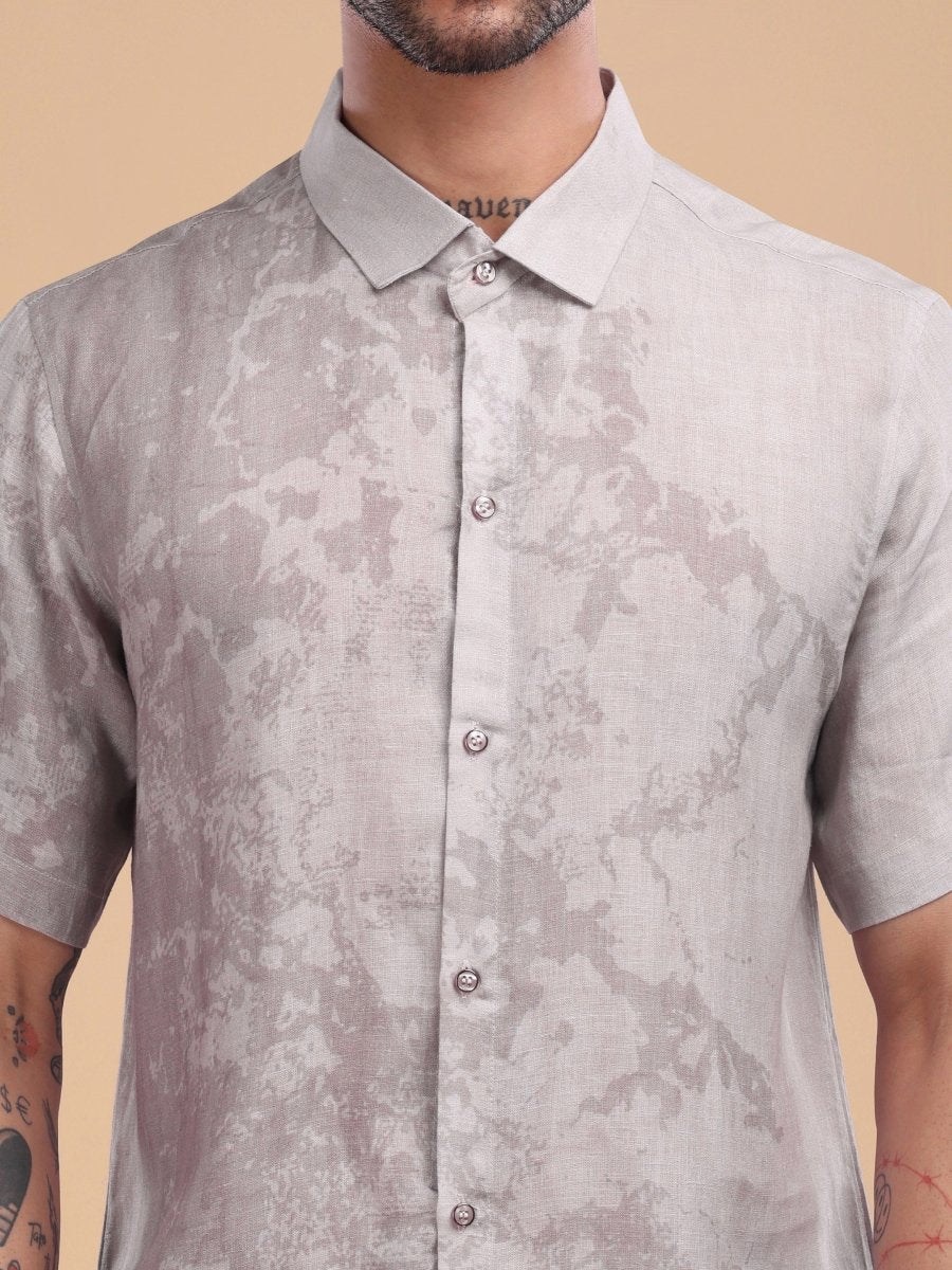 Men's Pure Linen Shirt in Dusty Rose Brown – Artistic Abstract Print - CLOHI