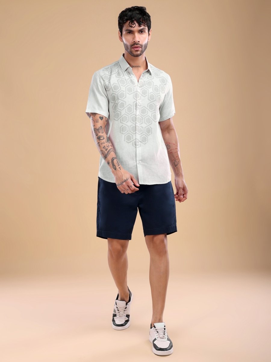Men's Pure Linen Shirt with Honeycomb Geometric Print – Cool Mint - CLOHI