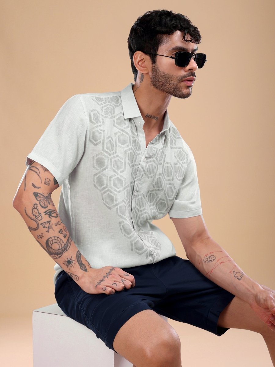 Men's Pure Linen Shirt with Honeycomb Geometric Print – Cool Mint - CLOHI