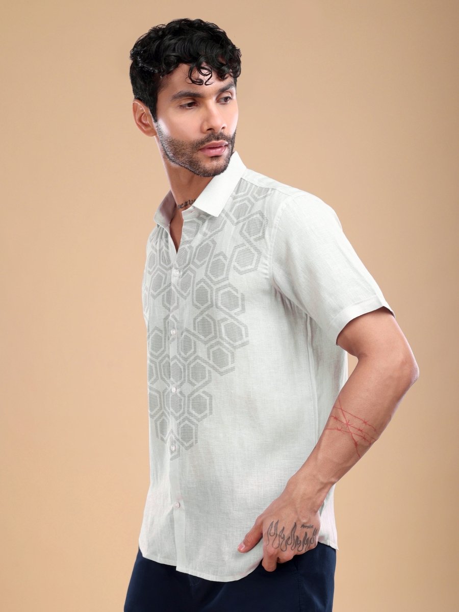 Men's Pure Linen Shirt with Honeycomb Geometric Print – Cool Mint - CLOHI