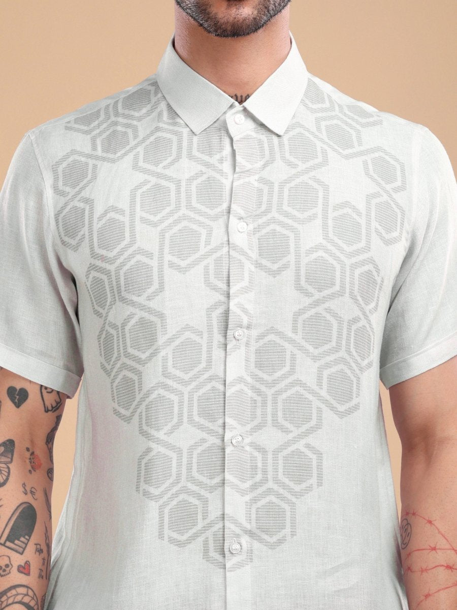 Men's Pure Linen Shirt with Honeycomb Geometric Print – Cool Mint - CLOHI