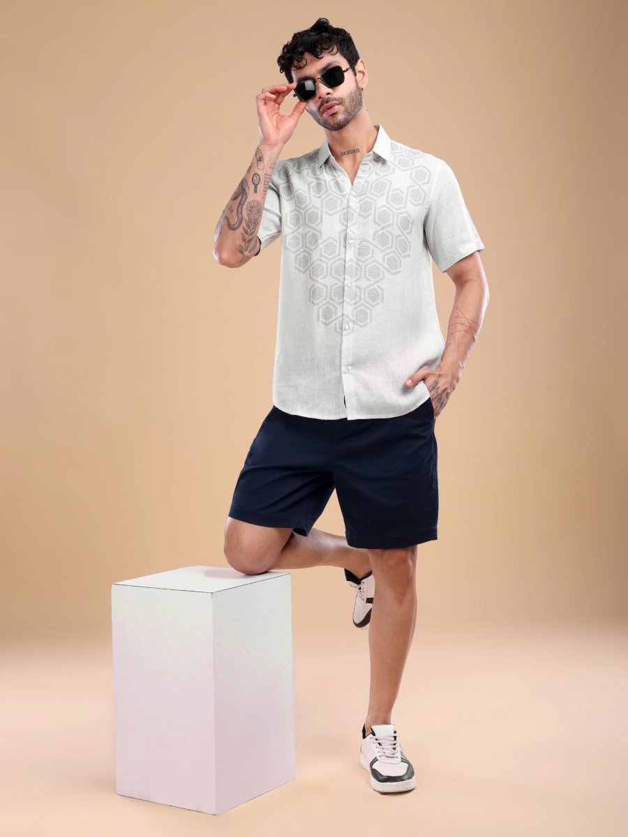 Men's Pure Linen Shirt with Honeycomb Geometric Print – Cool Mint - CLOHI