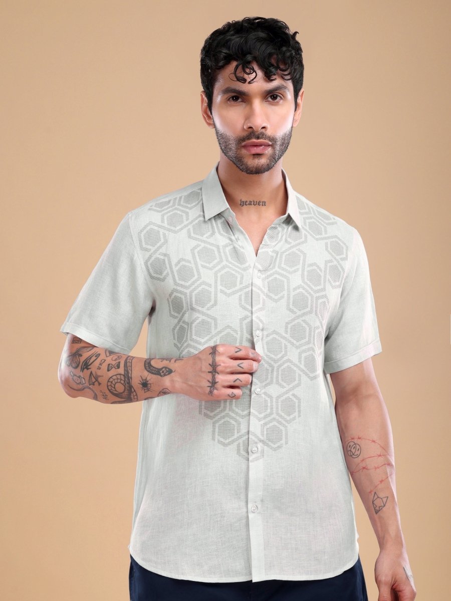 Men's Pure Linen Shirt with Honeycomb Geometric Print – Cool Mint - CLOHI