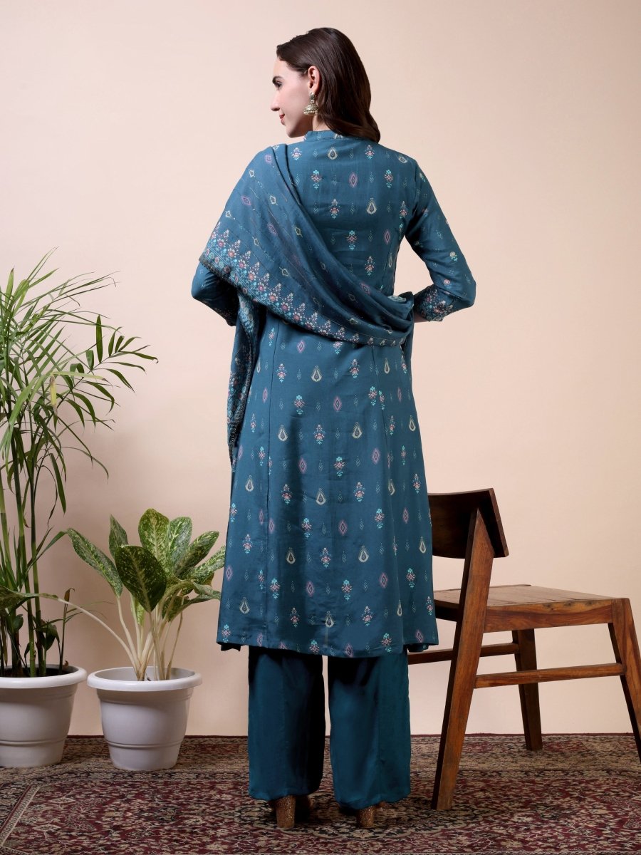 Metallic Blue Floral Embroidered A - Line Kurta Set with Dupatta - CLOHI